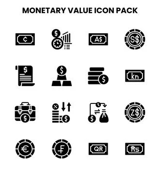 Monetary Value Glyph Design Icons Pack Stock Illustration