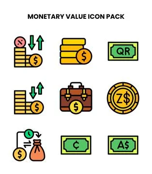Monetary Value Lineal Color Set Icons Pack Stock Illustration