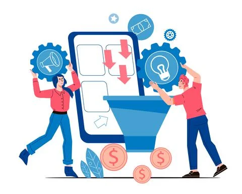 Monetization and Increasing conversion rates, sales funnel, SMM marketing. Illustrazione stock