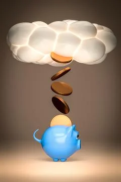 Monetization of cloud services - gold coins pour from the cloud - piggy bank Stock Illustration