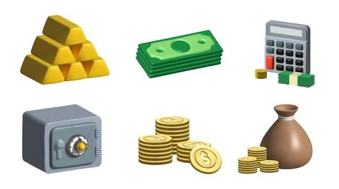 Money 3d render vector icon set with safe, paper money, bag, gold ingots and Stock Illustration