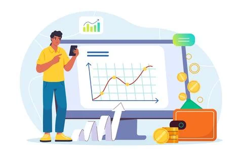 Money analytics concept. Man with smartphone analyzes graph. Financial literacy Illustrazione stock