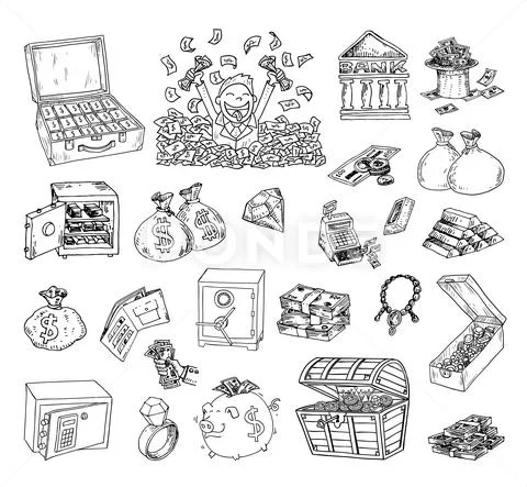 Money and Businessman icons set, hand drawn. Stock Illustration