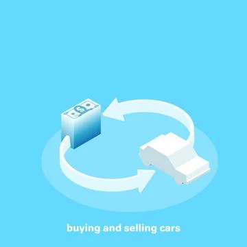 Money and car between the arrows on a blue background, isometric image イラスト素材