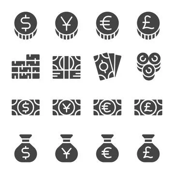 Money and currency solid icon set Ilustración de archivo