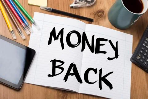 MONEY BACK - Note Pad With Text On Wooden Table Stock Photos