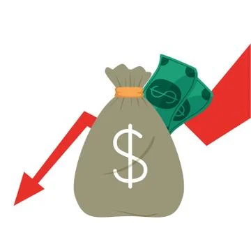 Money bag and bills with decrease arrow vector design Illustrazione stock