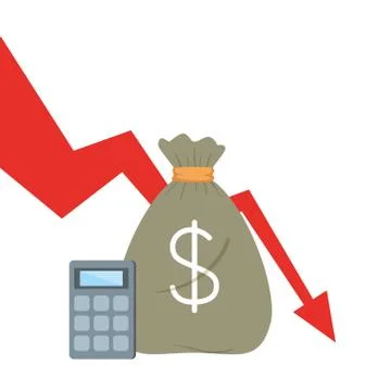 Money bag and calculator with decrease arrow vector design Stock Illustration