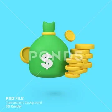 Money bag and coin stack isolated 3d render icon illustration Modello PSD