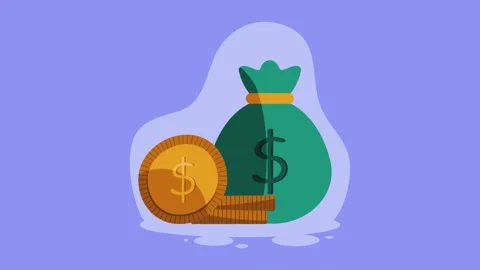 Money bag and stack of coins with dollar signs illustration finance wealth Stock Footage 320102940