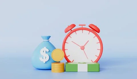 Money bag with banknotes, stack of coins and alarm clock icon 스톡 일러스트
