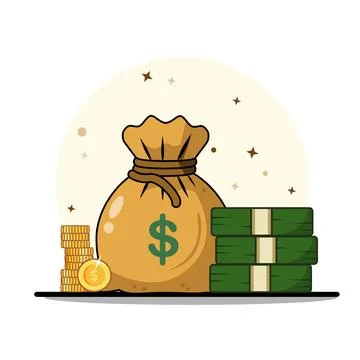 Money Bag with Coins and Stack Of Dollars Stock Illustration