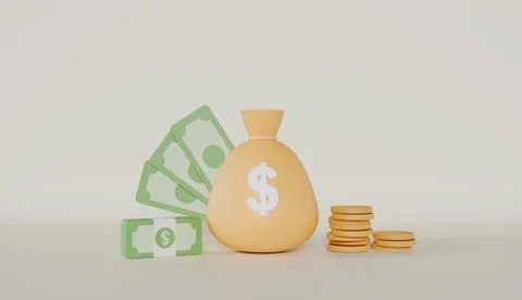 Money bag with dollar notes and coin stack, interest rate, financial solution Stock Illustration
