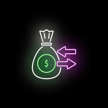 Money bag exchange arrows neon glowing icon Stock Illustration
