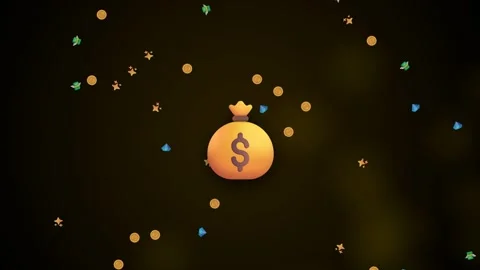 Money bag icon animation with floating gold coins and gems floating around Stock Footage 345013315