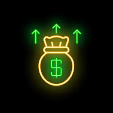 Money bag increasing value with upward arrows neon sign on black background Stock Illustration
