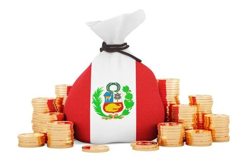 Money bag with Peruvian flag and golden coins around, 3D rendering Illustrazione stock