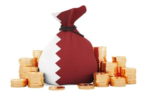 Money bag with Qatari flag and golden coins around, 3D rendering Illustrazione stock