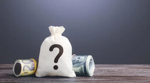 Money bag with a question mark. Source origin of money and income. Political  Stock Photos