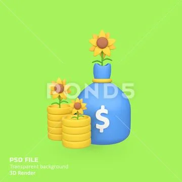 Money Bag with Sunflower isolated 3d render icon illustration PSD Template