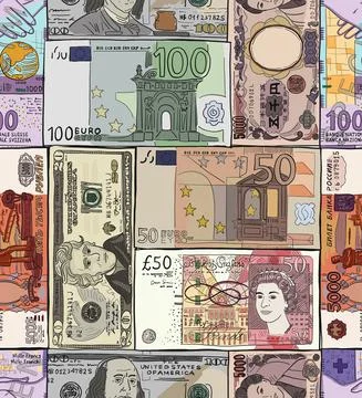 Money banknotes of different countries. US dollar, British pound sterling Stock Illustration
