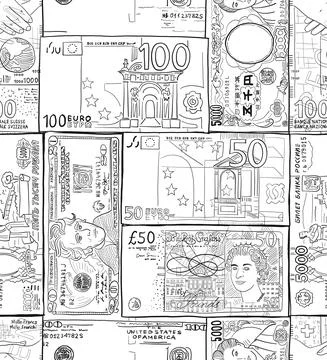 Money banknotes of different countries. US dollar, British pound sterling Illustrazione stock