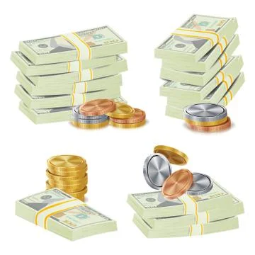 Money Banknotes Stacks Vector. 3D Cash, Gold Coins, Banknotes Piles Illustration Stock Illustration