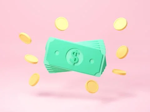 Money cash stack surrounded with coins isolated on pastel pink background. 3d Illustrazione stock