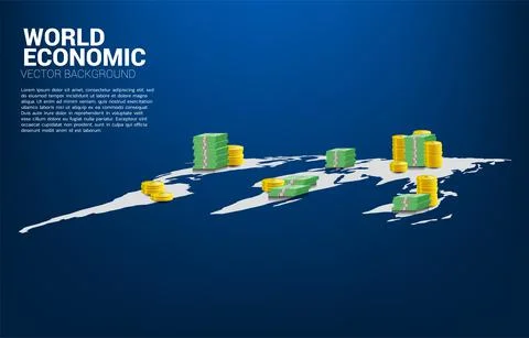 Money coin and banknote stack on world map. Concept for world economy and glo Stock Illustration