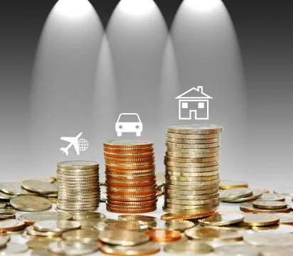Money coin stack growing graph with icon travel car and house isolated three  Stock Photos
