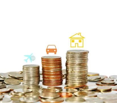 Money coin stack growing graph with icon travel car and house isolated Stock Photos