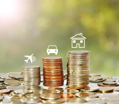 Money coin stack growing graph with icon travel car and house Stock Photos