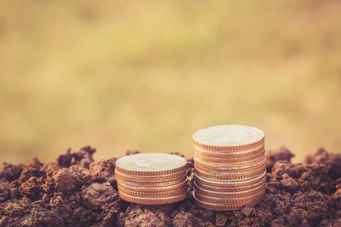Money coin stack growing on ground with blurred background. Stock Photos