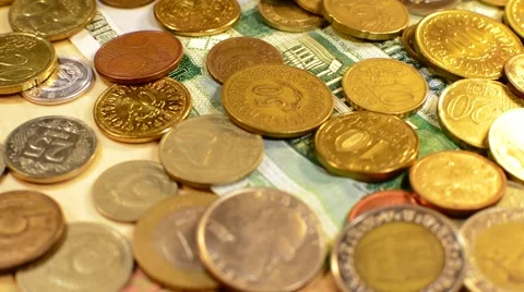 Money Coins And Bills Are Rotated on a Wooden stand Stock Footage 59666031