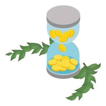 Money concept icon isometric vector. Hourglass with coin inside and green branch Illustrazione stock