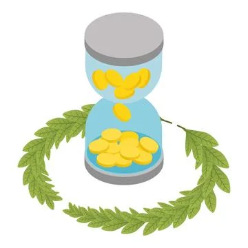 Money concept icon isometric vector. Hourglass with coin inside and green branch Stock Illustration