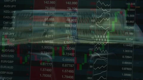 Money Counter Processing Cash with Stock Chart Overlay Stock Footage 336757520