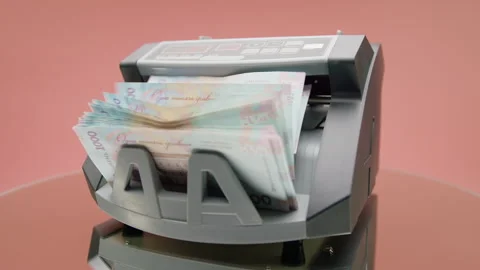 Money Counter Processing Ukrainian Banknotes on Pink Stock Footage 335866805