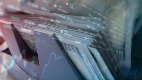 Money Counting Machine with Digital Financial Data Overlay Stock Footage 336757542