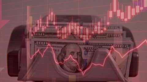 Money Counting Machine Overlaid with Digital Trading Data Stock Footage 336757474