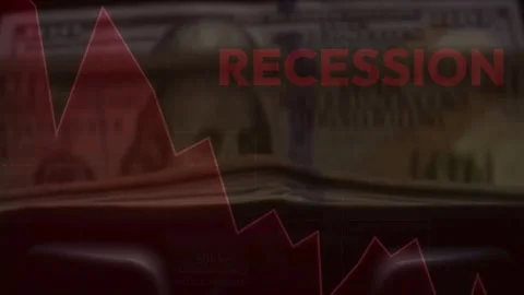 Money Counting Machine with Red Recession Text and Falling Graph Stock Footage 336757597
