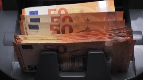Money counting machine. slow mo movement of 50 euro banknotes Stock Footage 226627255