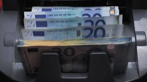 Money counting machine. slow mo movement of twenty euro banknotes Stock Footage 227568241