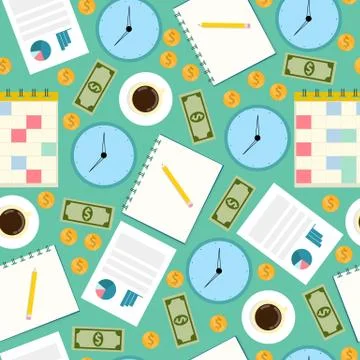 Money, documents, clocks and office items on turquoise background, vector Stock Illustration