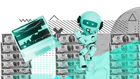 Money dollars loop video collage animation with robot artifiical intelligenc Stock Footage 237257236