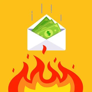 Money in an envelope falls into the fire. devaluation of accumulated funds. Illustrazione stock