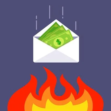 Money in an envelope falls into the fire. devaluation of accumulated funds. Illustrazione stock
