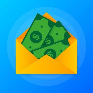 Money in envelope in flat style on blue background. Vector flat illustration 库存插图
