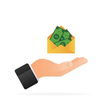 Money in envelope with hand in flat style on white background. Vector flat 库存插图