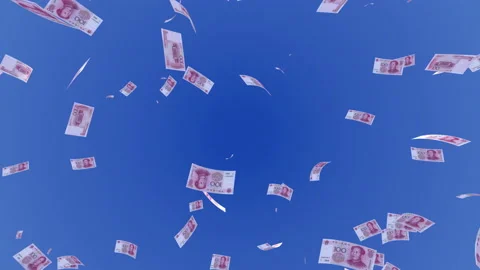 Money Falling CNY Large C from blue sky Stock Footage 203560764